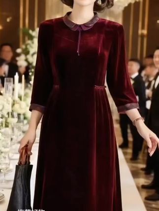 金丝绒连衣裙2025新款女春秋长袖桑蚕丝妈妈奢华裙子百搭时尚气质裙子#时尚气质穿搭 #收腰显瘦显气质 #美观大气款式好看 #优雅时尚与众不同