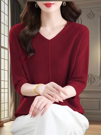 2025早秋新款薄款七分袖气质毛针织衫女宽松V领中袖显瘦百搭上衣#百搭毛衣 #红色上衣