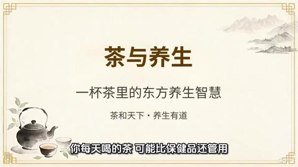 茶与养生,喝出健康! #茶知识与茶健康 一杯清茶承载千年东方养生智慧,它能润养五脏、抗炎清火、疏通气血、抗衰养颜,顺应四时饮茶,喝对品类便能由内调理身心、守护健康。养生不必繁杂,日日品茶、持之以恒,便能在茶香里收获从容与长寿。