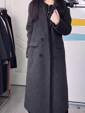 小个子显瘦百搭秋冬时尚西装领羊毛外套大衣直下摆长袖2588