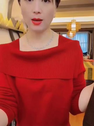 #高级感一字领长袖红色针织衫女轻熟风气质时尚羊毛衣