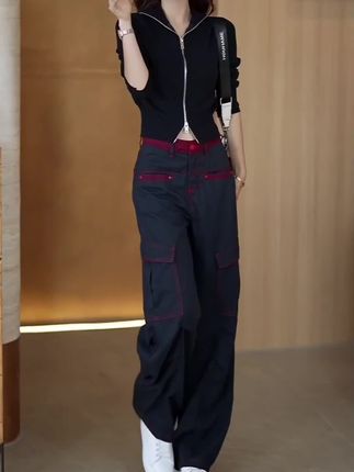 撞色美式工装弯刀裤女2025新款春秋款高腰阔腿裤宽松休闲直筒裤子#显高显瘦显腿长 #工装裤 #休闲裤 #休闲减龄穿搭 #穿搭