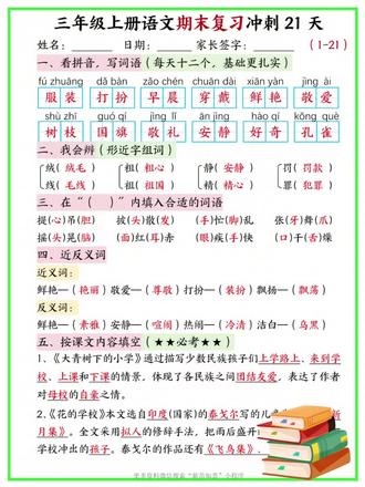 三年级上册语文期末复习冲刺21天,包含看拼音写词语,近反义词,仿写句子,都是精选高频考点题,每天15分钟,轻松吃透上册重难点,考试不丢分~#三年级语文#核心考点#必考考点#重点知识汇总#小学语文