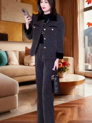 新款加厚保暖金貂混纺小香风上衣+裤子套装#跟着抖音学穿搭 #时尚感穿搭 #精致穿搭 #气质百搭