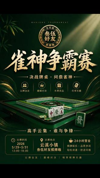 东方奥莱×枣庄叁伍好友棋牌咖第一届雀神争霸赛 活动时间:5 月 29 日 - 5 月 31 日(海选 29 日,晋级 30 日,总决赛 31 日,每日 13:00-18:00)
活动地点:枣庄叁伍好友棋牌咖
参赛对象:年满 18 周岁、身体健康的棋牌爱好者,无年龄、性别限制
赛事形式:免费报名,个人晋级赛制(海选→晋级→总决赛)#枣庄同城 #叁伍好友棋牌咖 #麻将比赛 #云溪小镇 #比赛