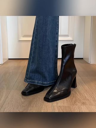 复古方头高跟短靴弹力瘦瘦靴女后拉链洋气通勤百搭马丁靴靴女方头#高跟短靴#马丁靴#瘦瘦靴#女靴推荐#靴子