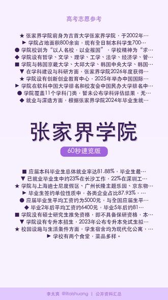 张家界学院:王牌专业深度解析,毕业去向真实揭秘 🎓张家界学院60秒了解。
张家界学院是经教育部批准设立的民办本科高校,前身为吉首大学张家界学院,于2002年成立,2021年完成转设,成为张家界市第一所独立设置的民办本科院校。学校占地约800余亩,现有在校本科生7000余人,教职工470余人。
📺 完整版见主页 #张家界学院 #志愿参考 #大学 #择校指南 #学科解析