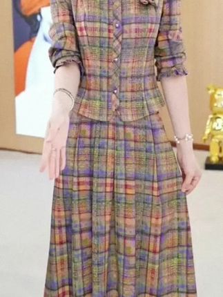 气质显瘦格纹套装裙女2025秋季新款复古方领收腰上衣半身裙两