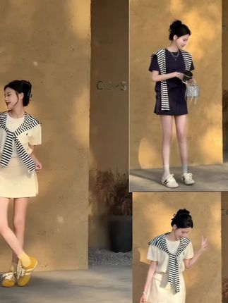 盐系运动服套装女夏季韩系时尚减龄显瘦短袖短裙半身裙休闲三件套#好物分享#好物推荐