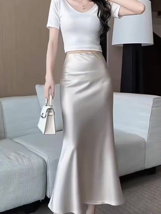 小个子高级感缎面醋酸鱼尾半身裙女夏季高腰中长款a字包臀一步裙#半身裙 #鱼尾裙 #包臀裙 #高腰半身裙 #显瘦半身裙