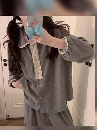 睡衣女娃:/ 娃领减龄家居服牛奶绒德绒秋冬季蕾丝韩版甜美套装春秋季#家居服睡衣 #韩版穿搭 #慵懒风穿搭