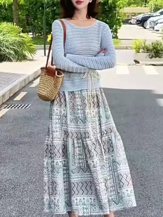 镂空针织上衣碎花套装裙女2025春秋新款洋气减龄半身裙#半身裙#套装#女装#松弛感#休闲套装