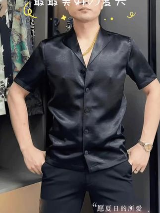 2025夏季新款男士修身宽领V领高级休闲商务丝滑短袖半袖西服衬衫