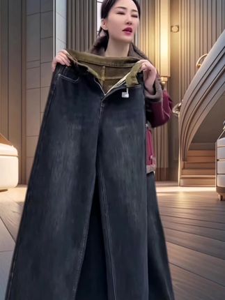 2025冬季爆款大码女装高腰加绒加厚牛仔裤梨形身材显瘦复古阔腿裤#谁穿谁好看 #美出高级感