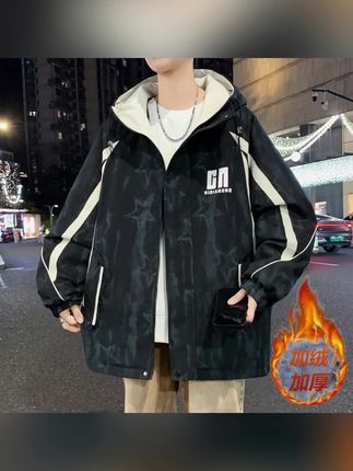青少年加绒加厚男士冬季连帽夹克学院风时尚潮流百搭学生保暖外套#外套穿搭