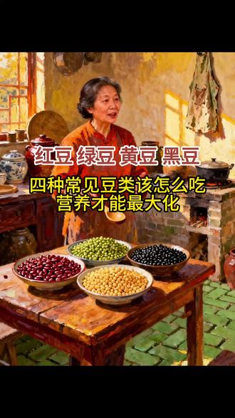 黑豆、黄豆、红豆、绿豆这四种常见的豆类,很多人觉得差不多,其实它们各有各的营养特点。那怎么吃才能把营养最大化?#健康科普 #养生知识 #饮食健康小常识