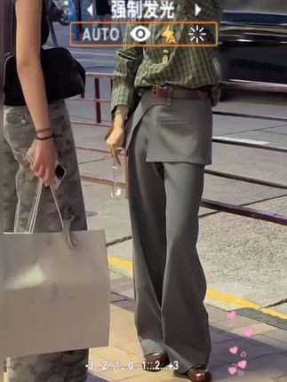 灰绿色假两件屁帘西装裤女2025秋季新款宽松遮胯显瘦直筒休闲裤子