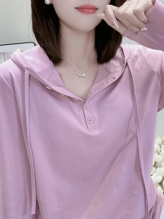 高兴家 长袖连帽上衣女士奥黛儿宽松显瘦连帽纯色T恤衫抽绳连帽衫 #宽松显瘦 #穿出自己的风格 #谁穿谁好看