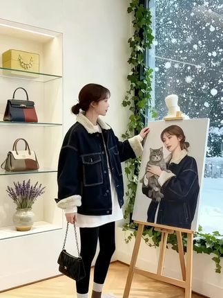 #林夏的服装店在初雪这天格外温馨。她整理着加绒加厚的牛仔外套的橱窗陈列,门外的雪与店内的暖形成鲜明对比。 随后她窝在编织秋千上,怀里的猫咪发出舒服的呼噜声,她望着雪景,笑意盈盈。忽然,她拿起相机,记录下这雪天里的美好瞬间——落叶、积雪、行色匆匆的车辆,都成了她镜头里的风景。 最后,她靠在窗边,捧着画上面的自已,在暖光与花香中,享受着初雪日的宁静。这家小店,是她在城市里的一方小天地,藏着她对生活的热爱,也藏着无数个如这般温柔的时刻。加绒加厚保暖牛仔外套#高级穿搭
