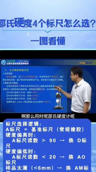 邵氏硬度4个标尺怎么选?一图看懂 邵氏硬度A标尺是基准,读数超90换D标尺,低于20换AO标尺,样品薄于6mm换AM标尺!一句话记住:高了用D、低了用AO、薄了用AM。检测人必会!#邵氏硬度 #硬度检测 #橡胶检测