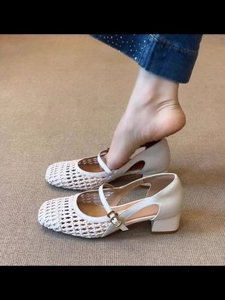 法式凉鞋女简约方头编织镂空浅口一字带粗跟通勤小单鞋