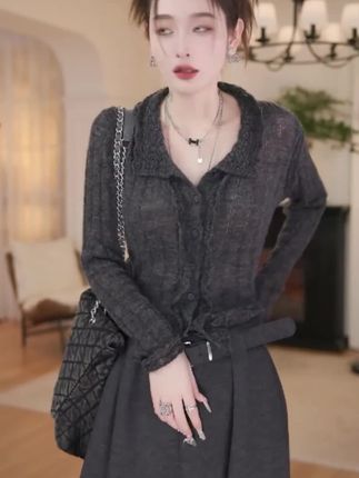 2025新款慵懒翻领镂空长袖坑条针织衫上衣女士百搭开衫LK2506718#新款开衫 #镂空开衫 #针织衫上衣 #百搭开衫 #翻领上衣