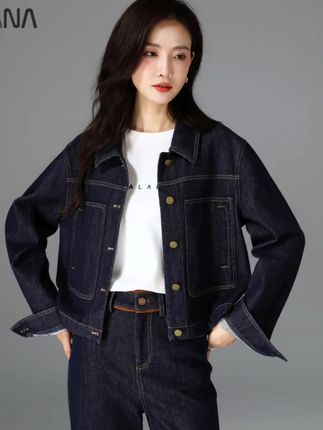 春秋休闲宽松牛仔上衣外套 #深蓝色短款复古牛仔外套,女2025春秋季爆款休闲夹克,小个子宽松上衣