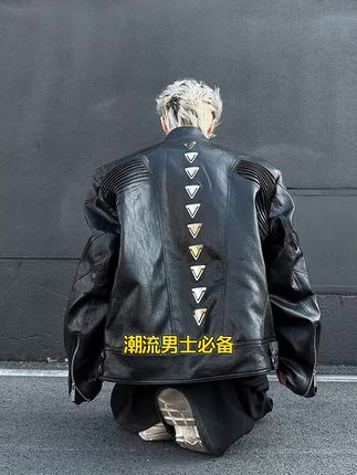 潮牌皮衣男士春秋新款高定款“银龙脊”金属脊椎设计感PU夹克外套