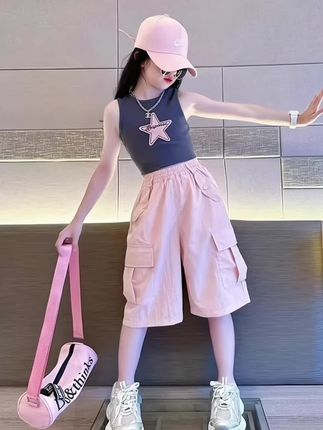 #女童工装短裤,#女大童炸街五分裤,#夏装中裤儿童夏季薄款五分裤#洋气宽松裤子@巨量千川