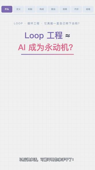 AI能自己干活,30天交259个合并?3分钟讲透Loop工程 AI 自己派活、自己查、错了自己改——这套叫 Loop 循环工程。这期 3 分钟讲清"它是什么、怎么转、有什么代价",下期手把手搭一个你自己的 Loop。觉得讲透了,先收藏,下期接着看。#AI #大模型应用 #Loop循环工程 #AI概念系列