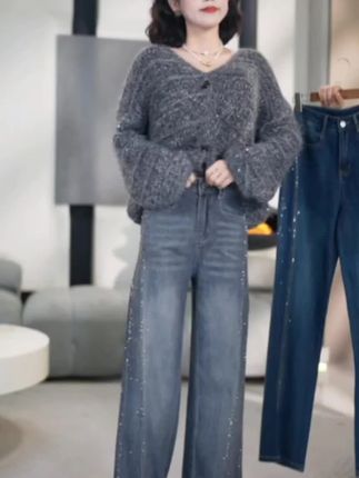 迪否烫钻窄版直筒裤女2025秋季新款裤子宽松垂感牛仔裤6305