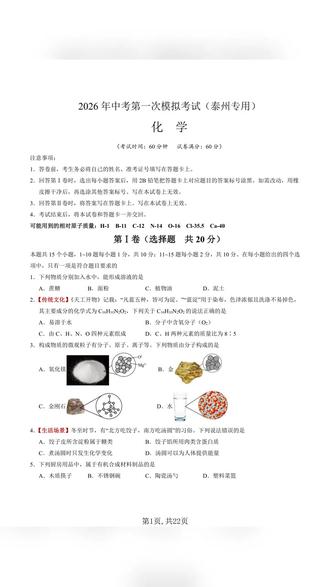 2026年中考化学一模提分卷泰州专用试卷加解析共22页
#中考 #中考化学 #初中化学