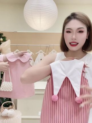 #高品质童装#女童连衣裙#女童背心裙#背心裙#连衣裙裙子超可爱!女宝宝翻领球球条纹无袖婴儿夏季新款学院裙