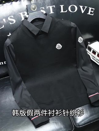 韩版假两件衬衫针织衫,修身剪裁展现男士魅力,欧洲站潮牌设计领口别致,套头款式穿脱方便,细腻毛线材质舒适亲肤,假两件层次感十足