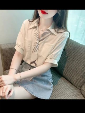 夏季新款设计感小众领结短袖衬衫女装小个子法式复古别致上衣9515#与众不同 #日常分享 #看过来 #日常生活 #自己爱自己比谁爱你都靠谱 @DOU+上热门 @创作灵感小助手