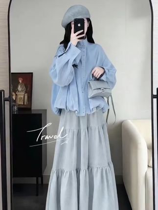 韩系两穿式格纹拼接花苞外套女秋季休闲A字蛋糕裙套装