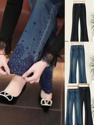 设计感亮片刺绣微喇牛仔裤女2025秋季新款小个子显瘦磨毛喇叭裤