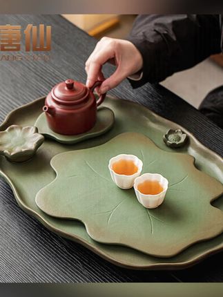 唐仙轻奢荷花陶瓷茶盘大号家用创意中式干泡茶台带排水茶托盘简约#茶道 #泡茶 #高端大气