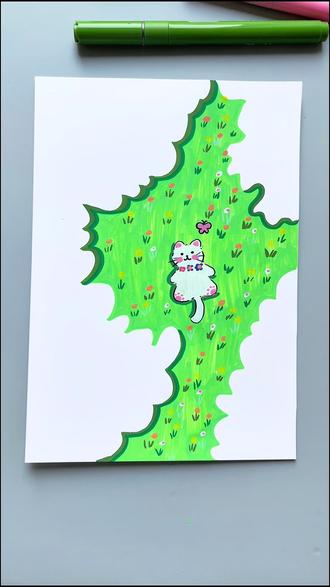 重生之我在抖音学画画|第十八集:草地小猫咪#跟着抖音学画画 #简笔画 #绘画教程 #马克笔绘画 #画画