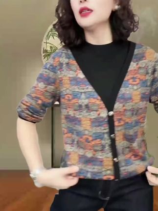 2025秋季女士圆领长袖气质时尚显瘦耐磨抗皱洋气拼接T恤#12957