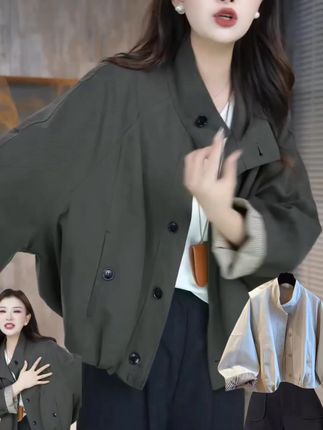 欧货英伦风立领夹克外套女2025新款宽松休闲内里条纹短款风衣上衣##显瘦穿搭 #短款风衣上衣