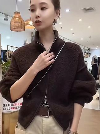 高端千千颗粒感外套 暗坑高领双拉链设计感毛衣加百搭休闲阔腿裤