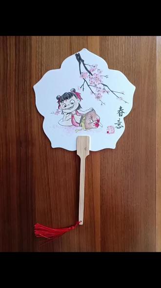 樱花树下小哪吒 #没点艺术细胞刷不到 #手绘#国画#扇子#樱花