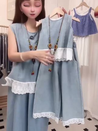 (高品质)女童夏季套装2025儿童洋气牛仔背心无袖上衣阔腿裤两件套#洋气百搭 #时尚穿搭 #高品质童装 #小众设计感 #每日穿搭look