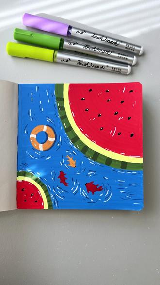 丙烯马克笔画西瓜锦鲤 一分钟简单画泳池里的西瓜 锦鲤,快来一起试试吧#丙烯马克笔绘画 #一起学画画 #跟着抖音学画画 #丙烯马克笔 #画画 @DOU+小助手 @DOU+上热门