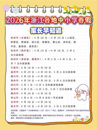 浙江家长速看!2026 中小学春假时间出炉,有人连休 3 天,有人分段放假,你家娃能休几天?
#家长必读知识分享
#浙江春假
#浙江教育
#亲子游攻略
#浙江家长必看