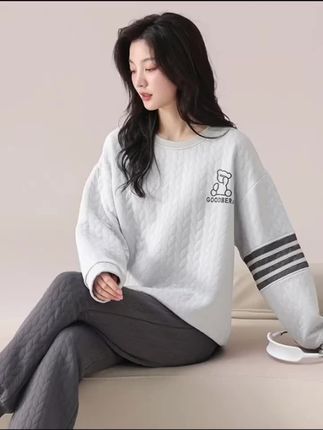 睡衣空气棉夹层纯棉外穿灰色春秋款家居服套装#舒适家居服 #睡衣家居服 #家居服睡衣 #夹层睡衣