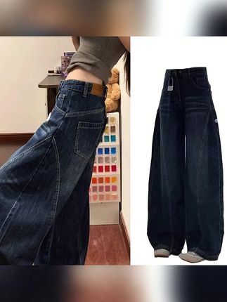 美式复古水洗弯刀牛仔裤设计女春秋季新款高腰宽松直筒拖地裤 #牛仔裤 #直筒裤 #显瘦裤子 #百搭牛仔裤 #早秋穿搭