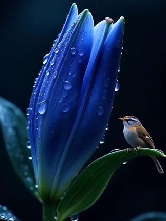 雨后的静谧,蓝色花朵与小鸟的对话。🌸🐦 #自然之美 #静谧时刻