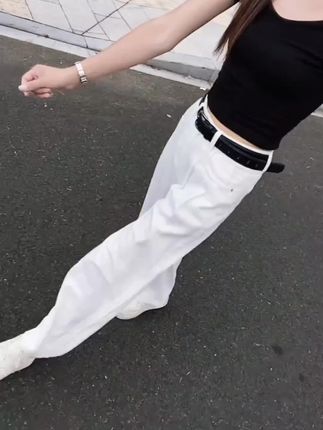 库思玛白色高腰阔腿牛仔裤女秋季新款褶皱宽松显瘦垂感休闲拖地裤